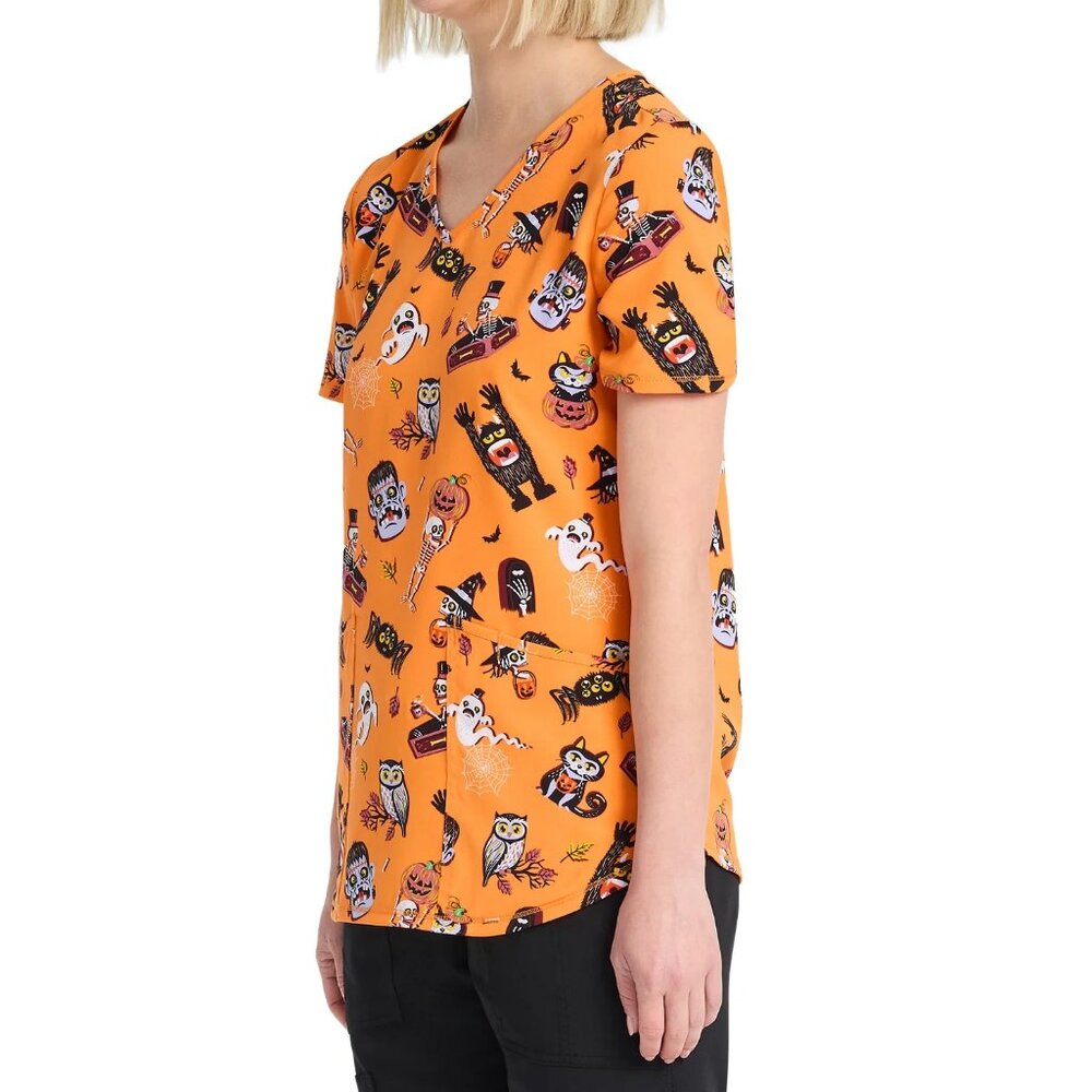 Scrubstar Cat Spider Skeleton V Neck Print Scrub Top​ Womens Orange Soft Fabric - Picture 5 of 10